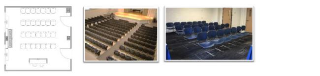 Lecture event layout - multiple rows of chairs with a stage or podium at the front of the room.
